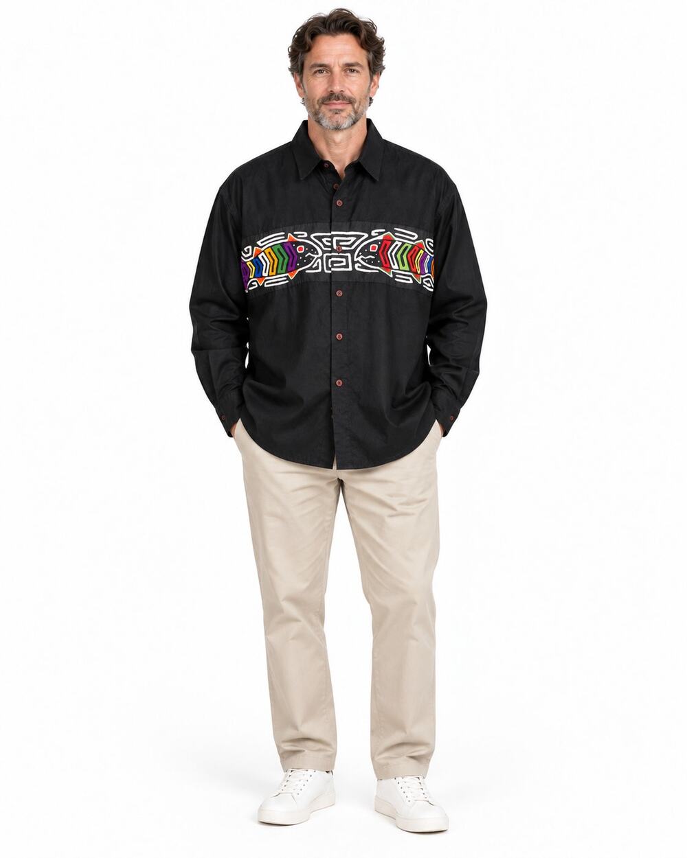 Vintage El Condor Panama Men’s XL Black Guna Mola Fish Shirt 52" Chest